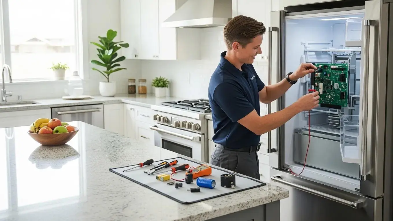 Technician repairing a refrigerator in a modern kitchen, highlighting same day appliance repair services