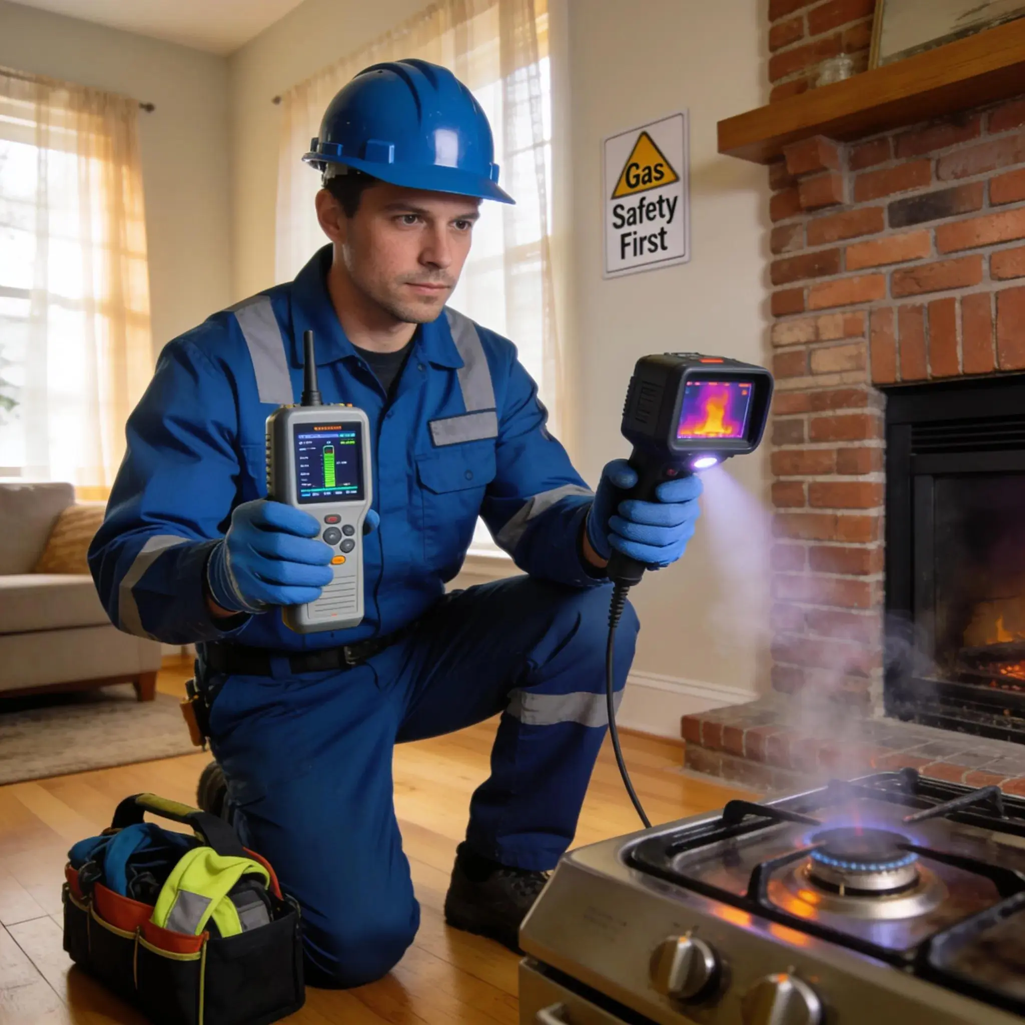 Technician employing electronic gas detection technology in a Toronto home, showcasing innovative safety solutions.