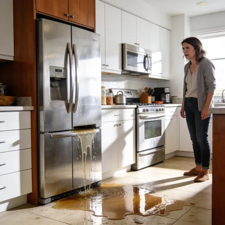 Woman observing water leak from stainless steel refrigerator in kitchen.