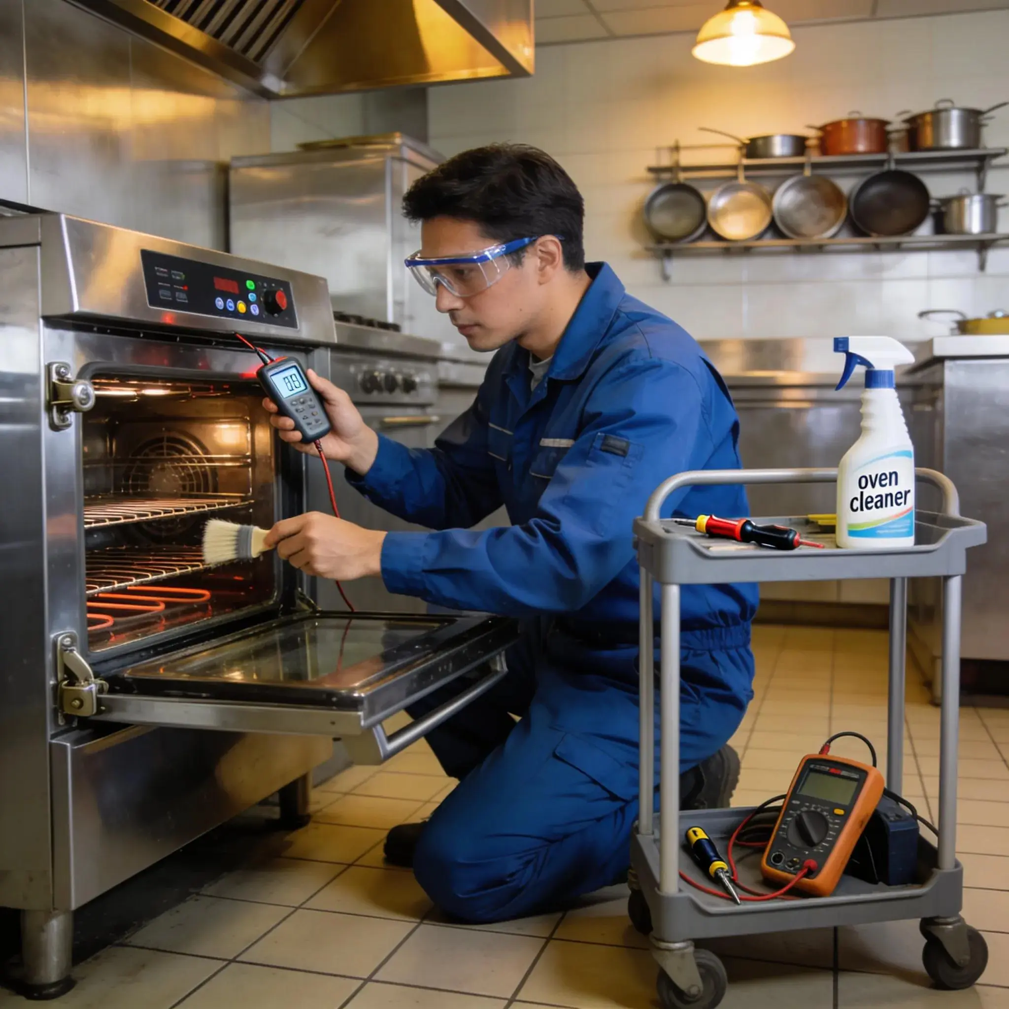 Technician performing preventative maintenance on a commercial oven in a professional kitchen