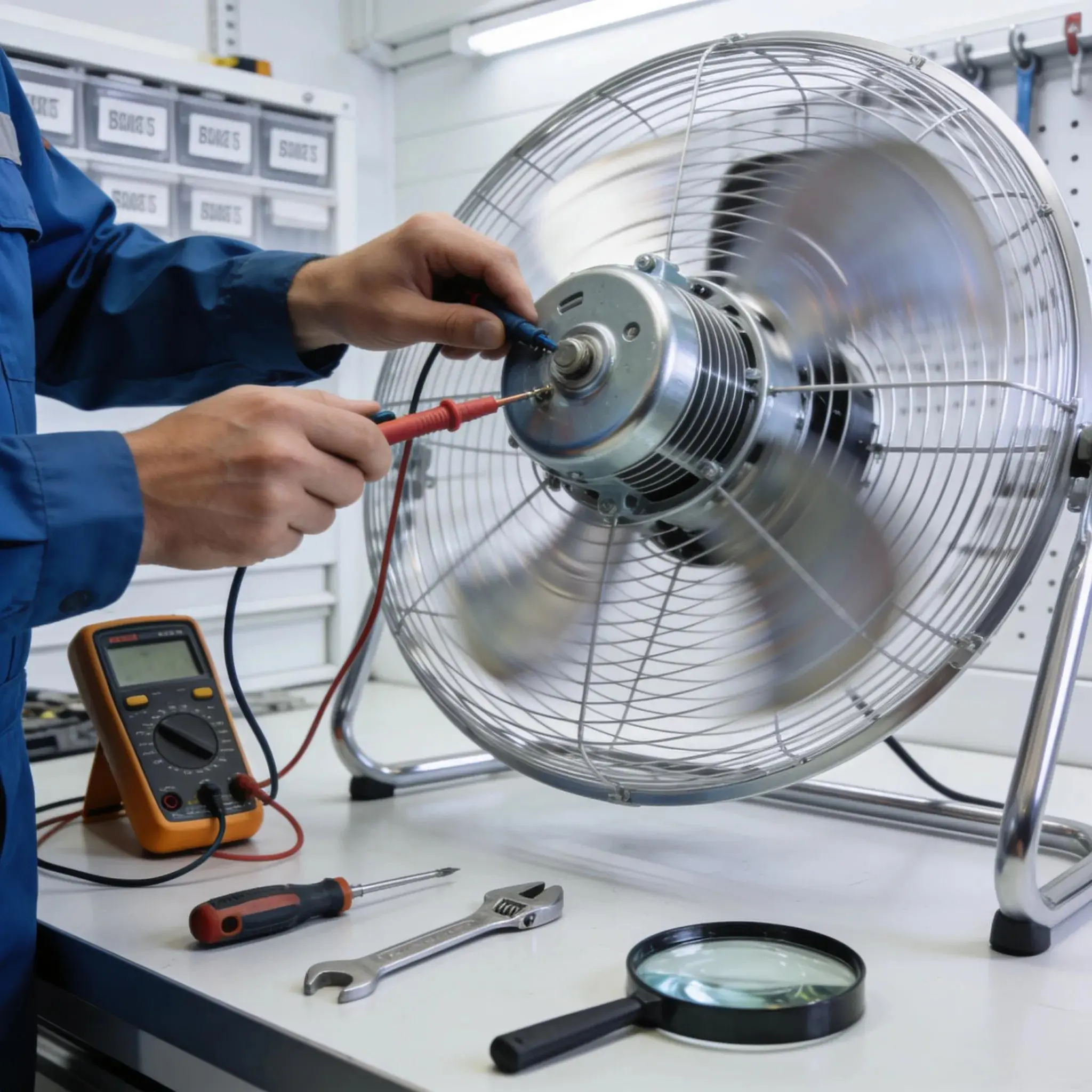 Close-up of a refrigerator fan motor during maintenance, illustrating airflow issues and cooling efficiency