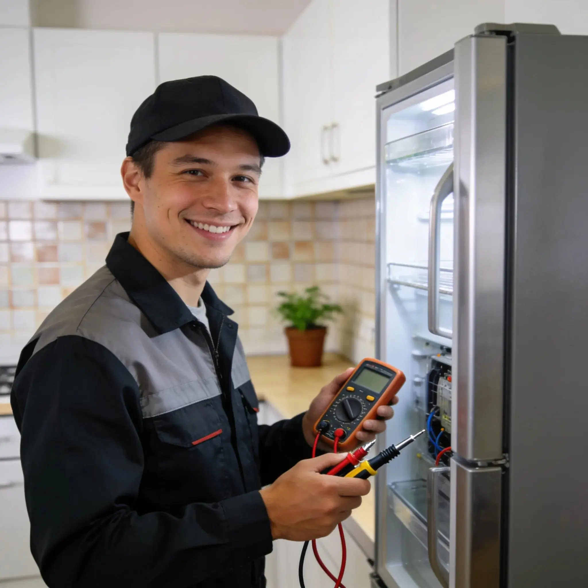 Professional technician inspecting refrigerator door seals in a kitchen setting