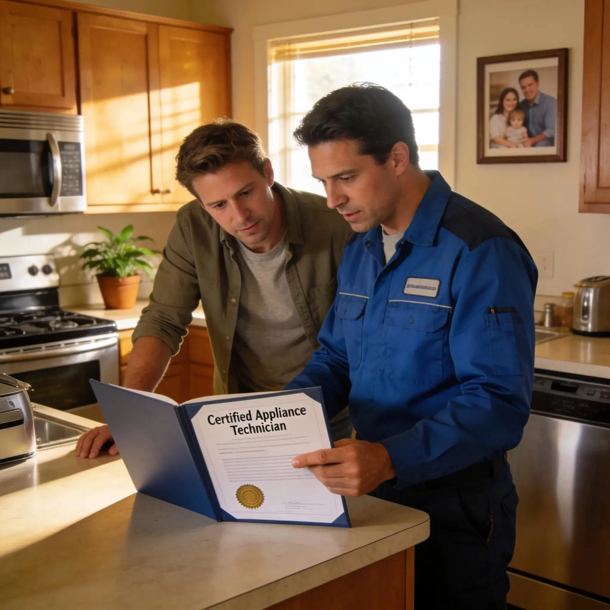 Certified technician discussing repair options with a customer in a cozy kitchen, reinforcing the importance of licensed professionals