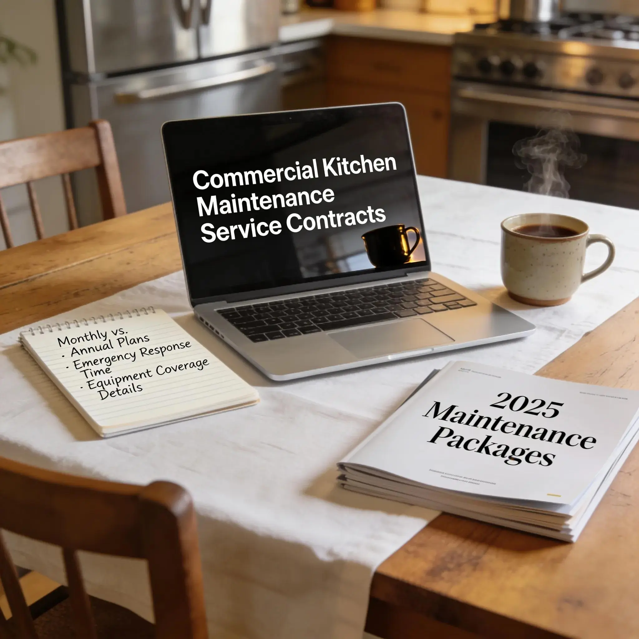 Office setup discussing service contract options for kitchen appliance maintenance