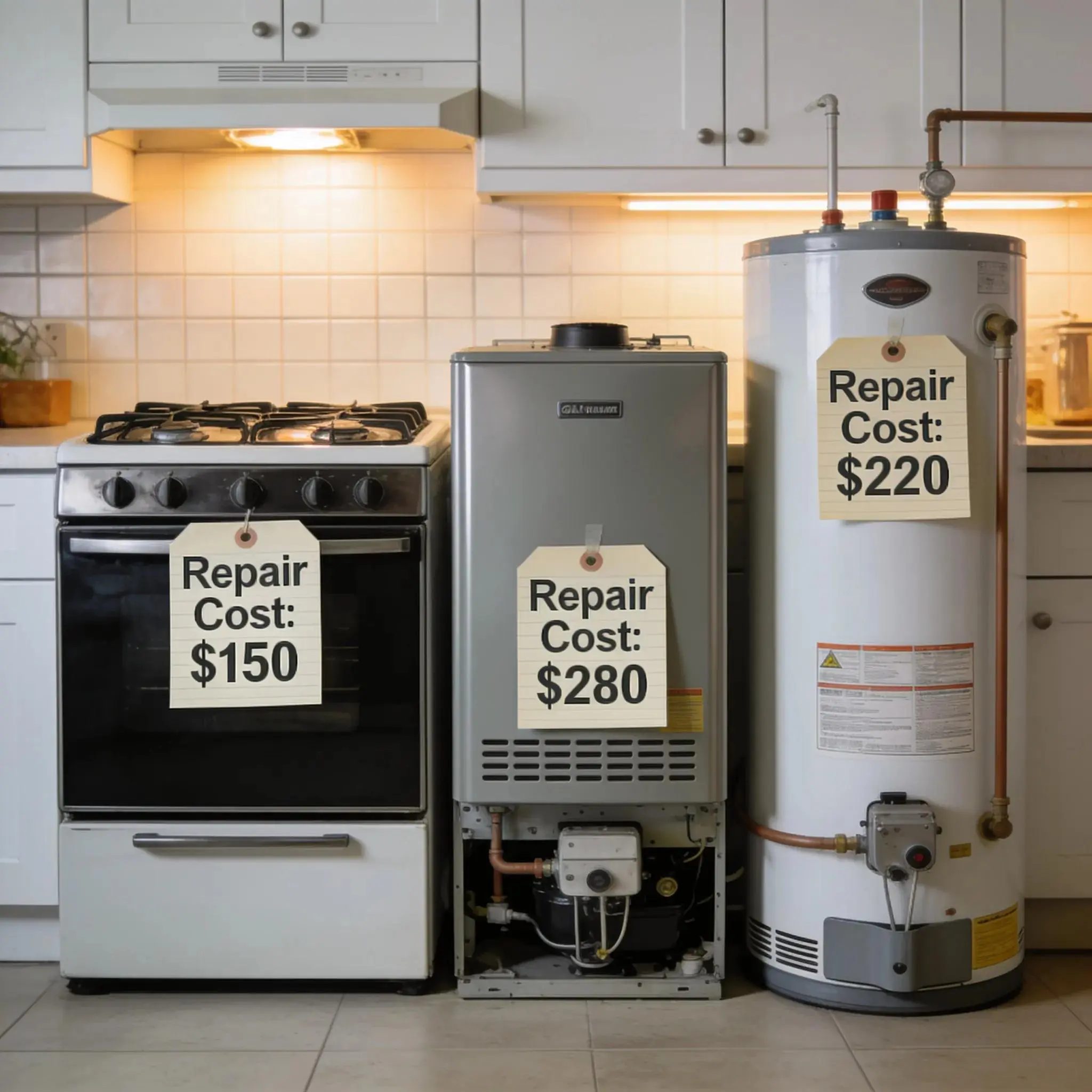 Visual representation of different gas appliances with repair cost tags, illustrating typical expenses related to gas appliance repair.