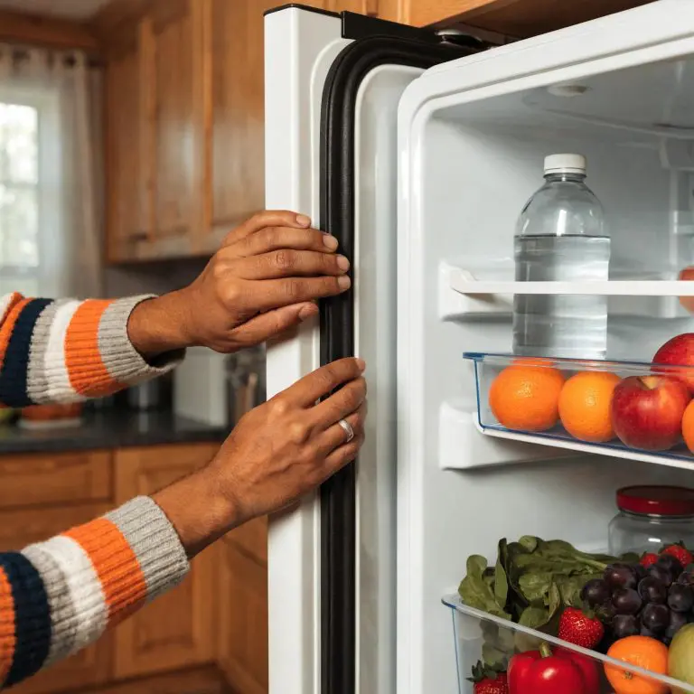 New refrigerator door seal installation with modern kitchen background