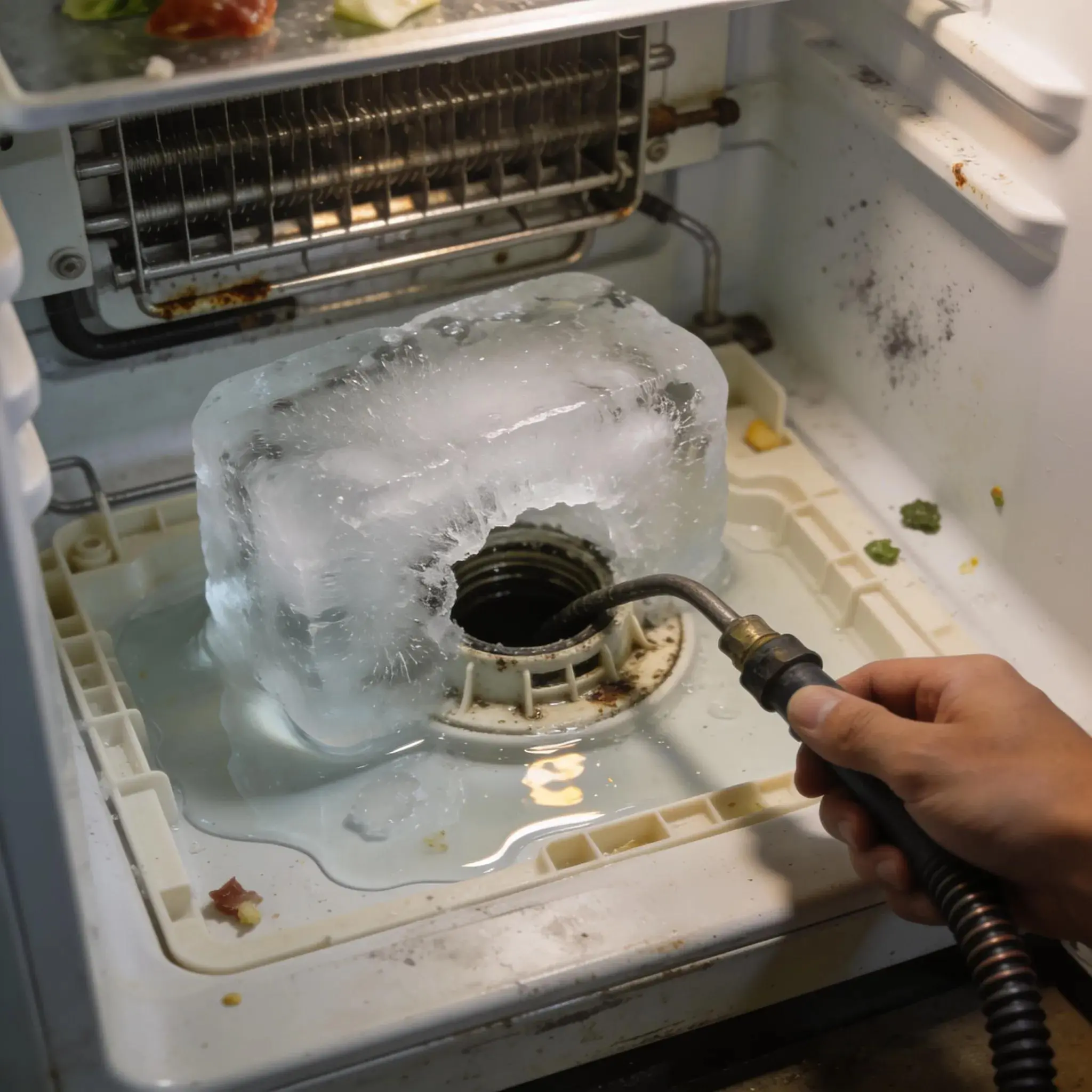 Clogged defrost drain with ice buildup in refrigerator showing water leakage