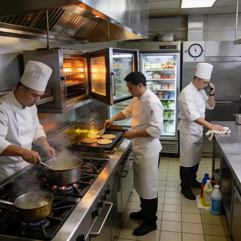 Commercial kitchen with chefs cooking and appliances, illustrating preventive maintenance needs.