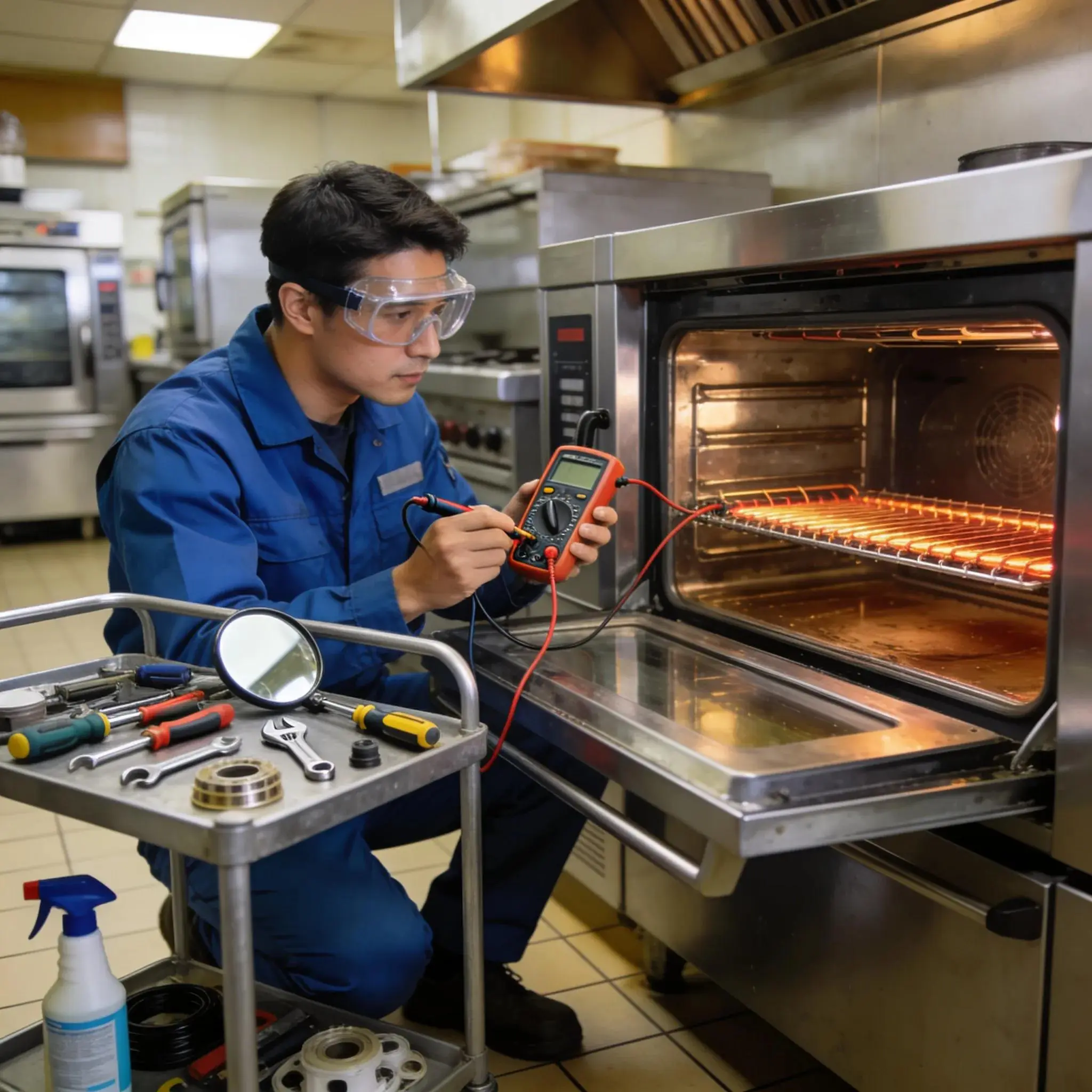 Technician performing scheduled maintenance on a kitchen appliance