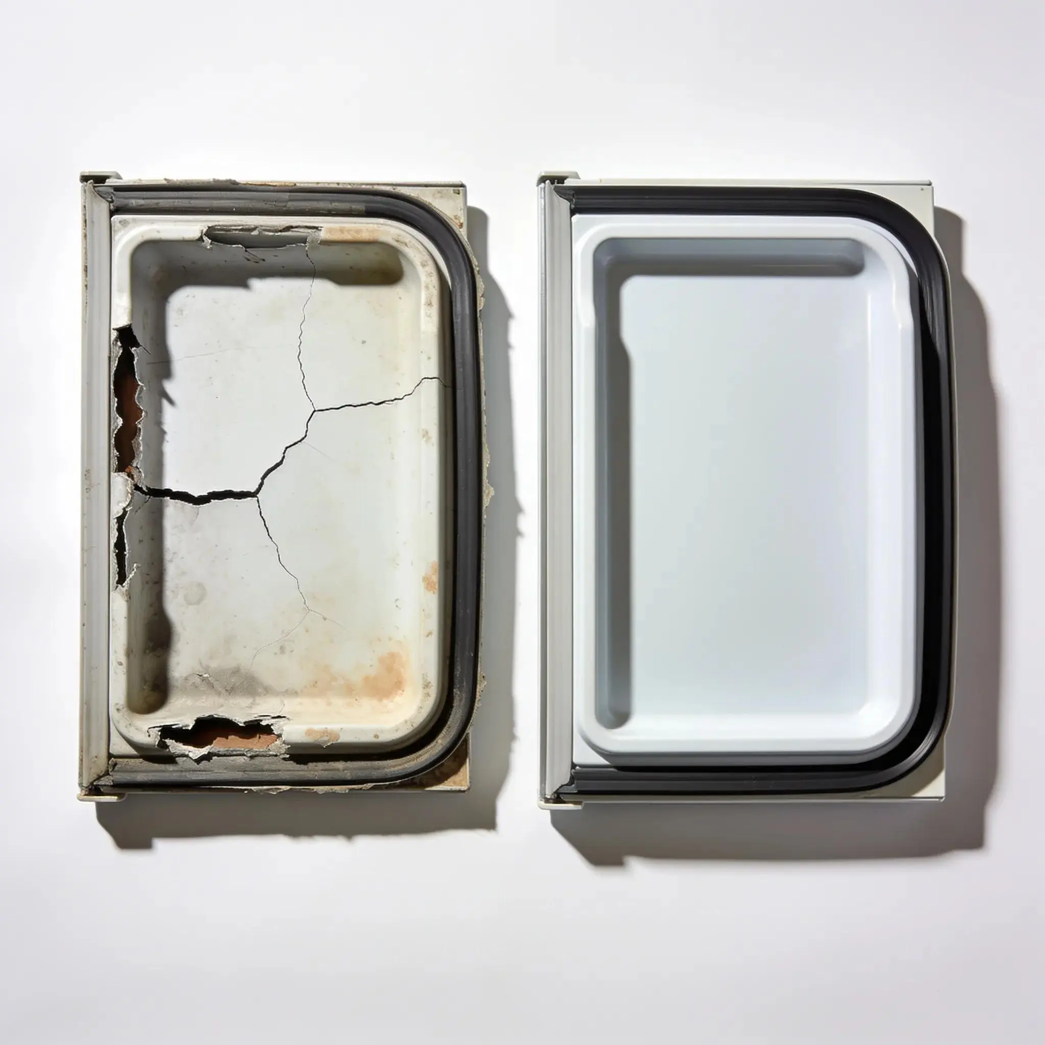 Comparison of worn and new refrigerator door seals showing signs of damage