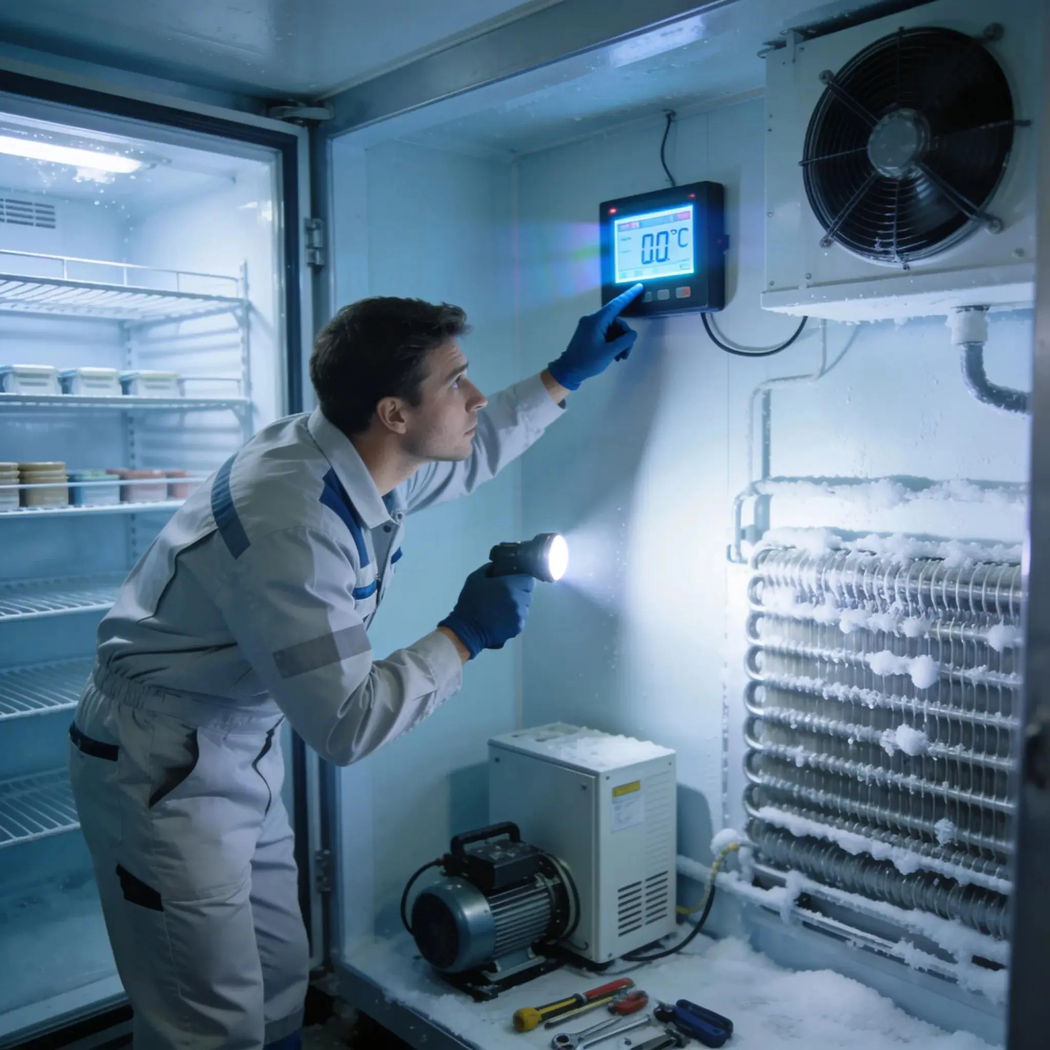 Technician inspecting the interior of a walk-in freezer for maintenance in a commercial kitchen