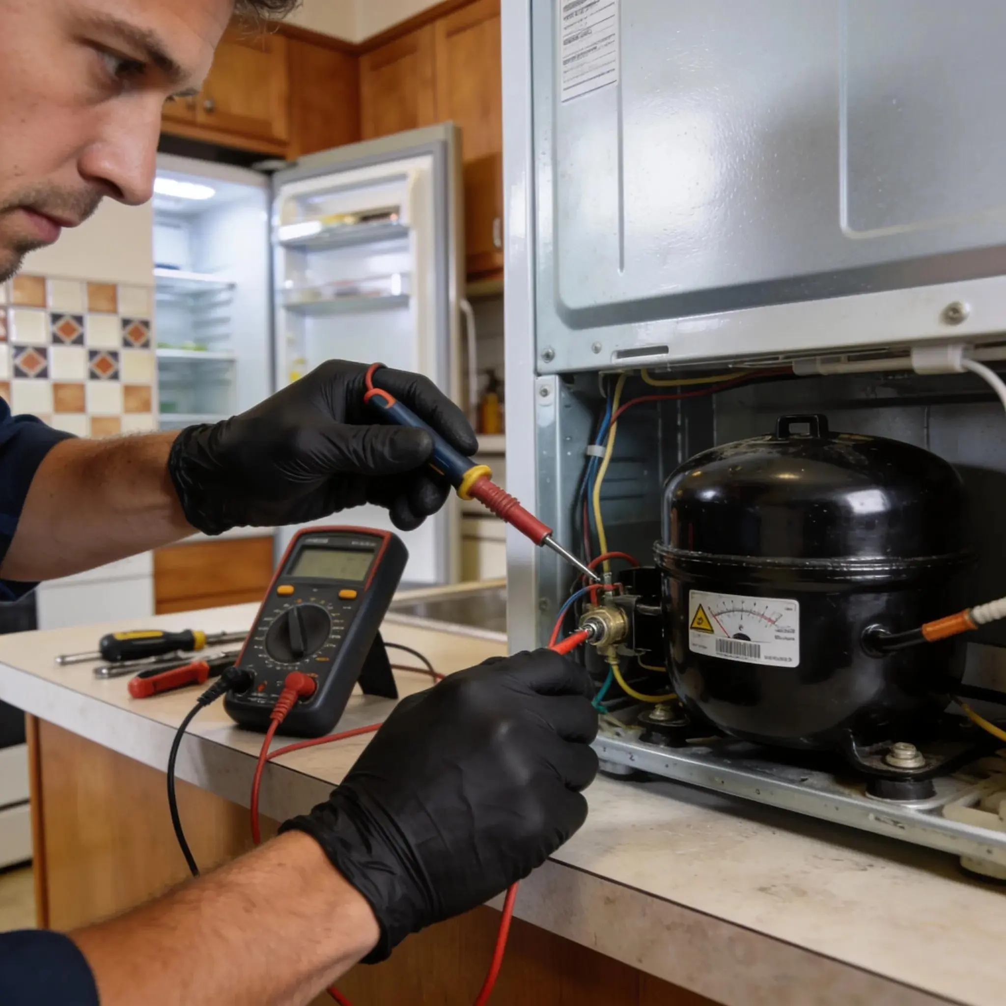 Technician inspecting a refrigerator compressor, highlighting signs of malfunction and repair process