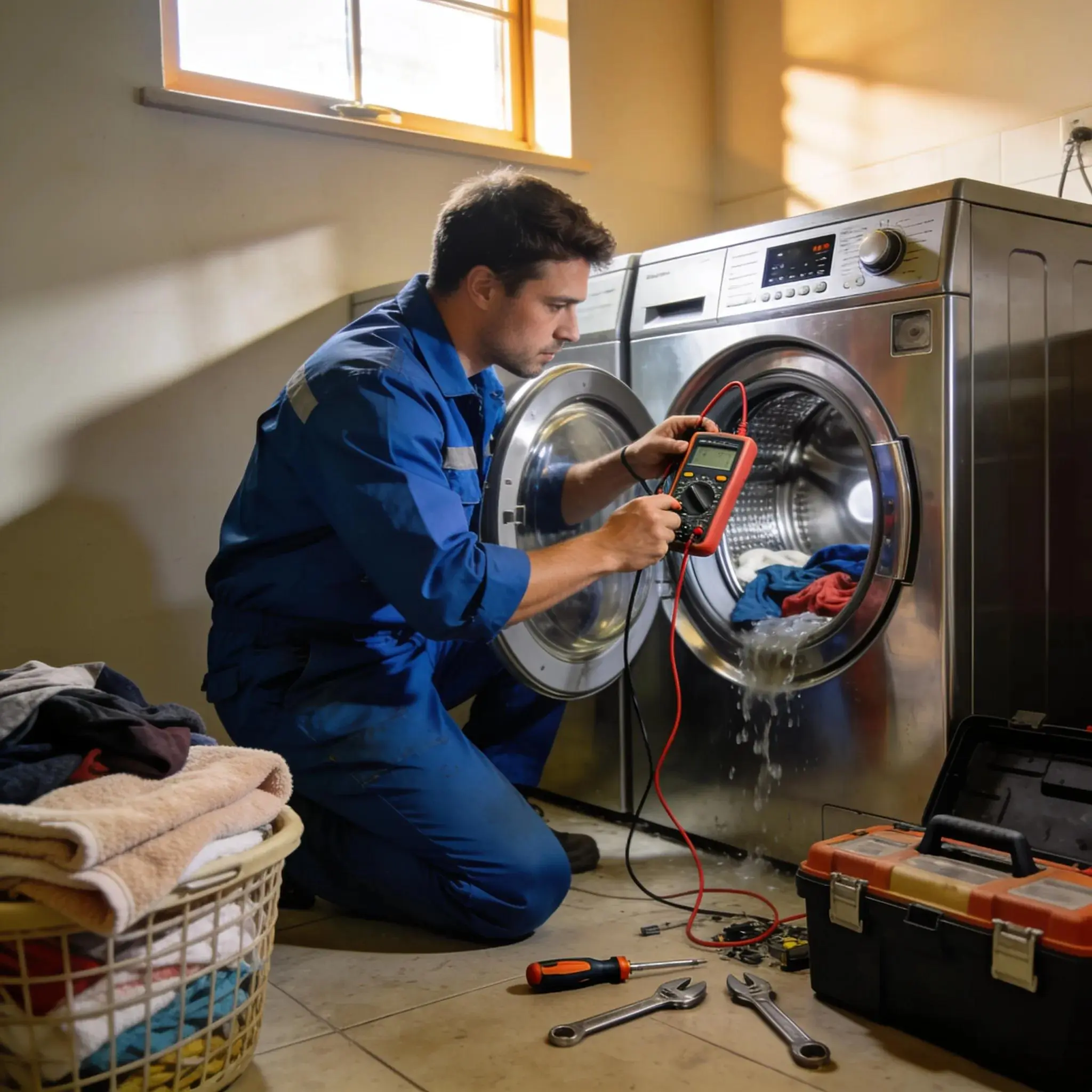 Technician diagnosing a washer and dryer in a laundry room, emphasizing rapid emergency repair services