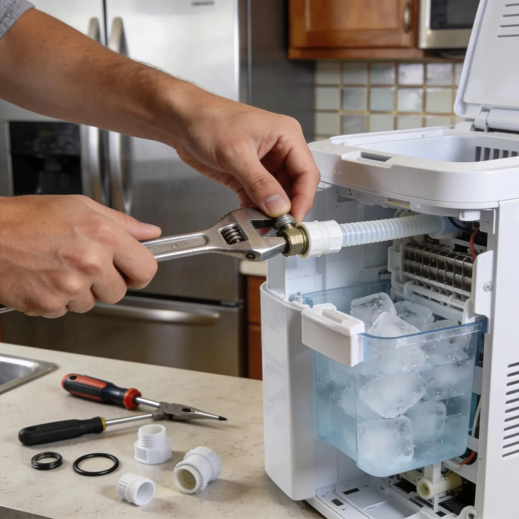 Repair process of an ice maker and water line leak with tools and hands in action