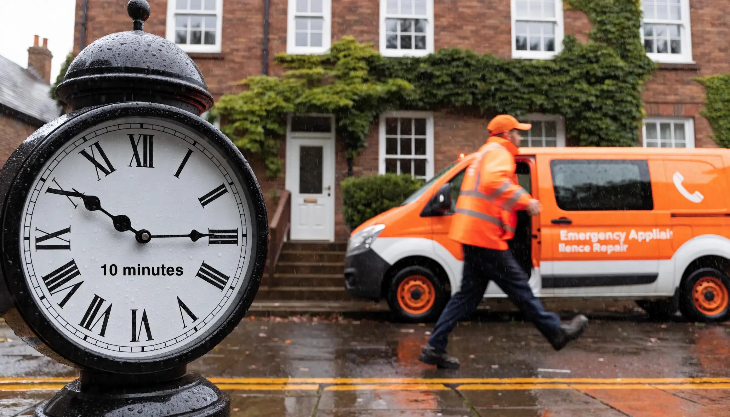 Rapid response time for appliance repair depicted through a clock and technician
