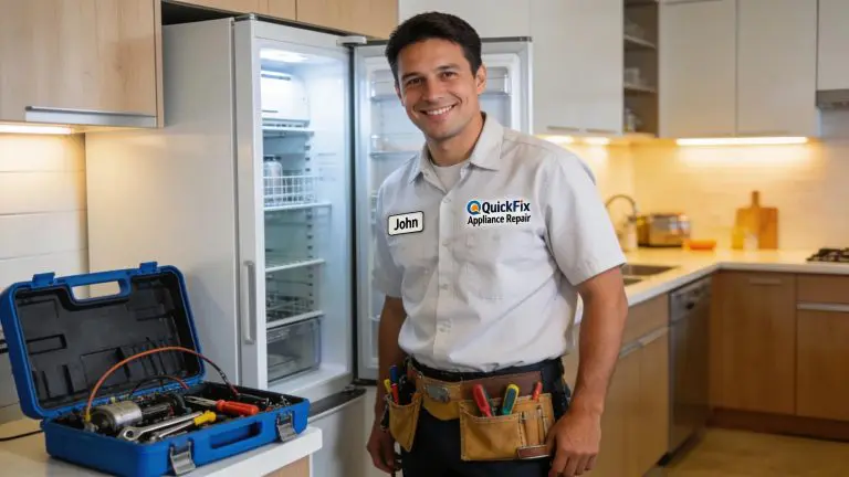 Friendly technician ready for emergency appliance repair in a modern kitchen