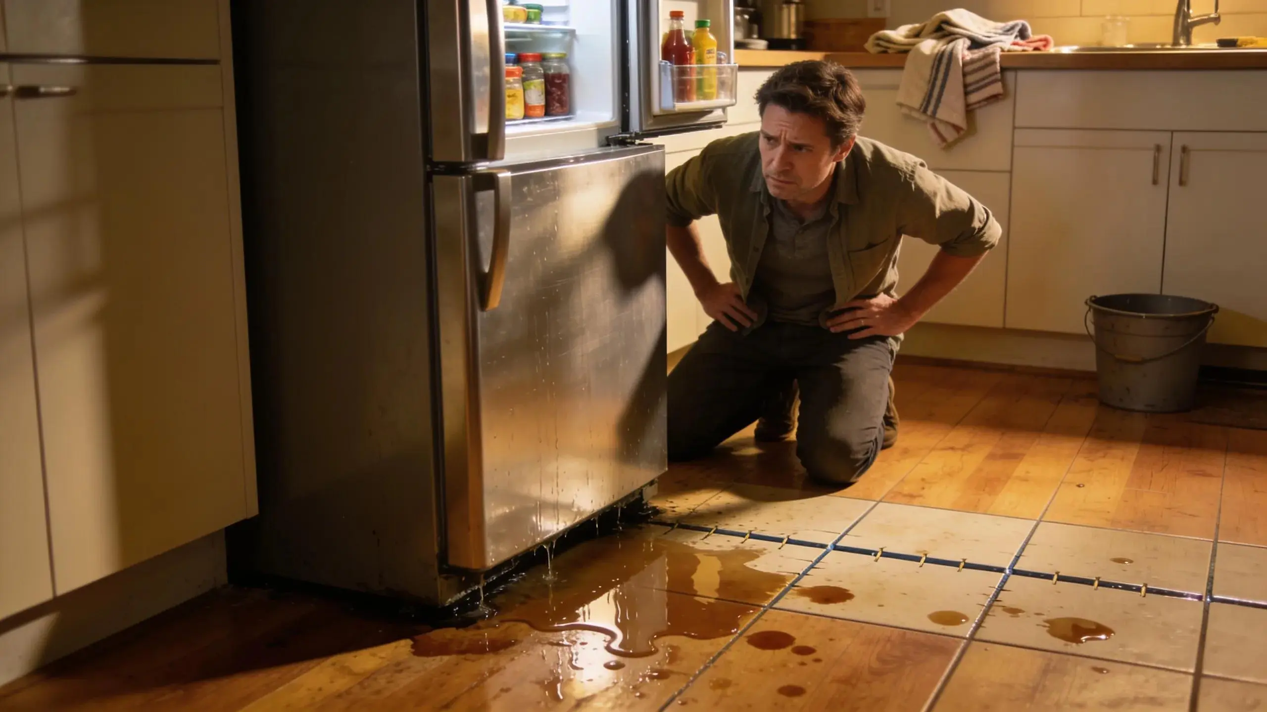Homeowner observing water leaking from a refrigerator