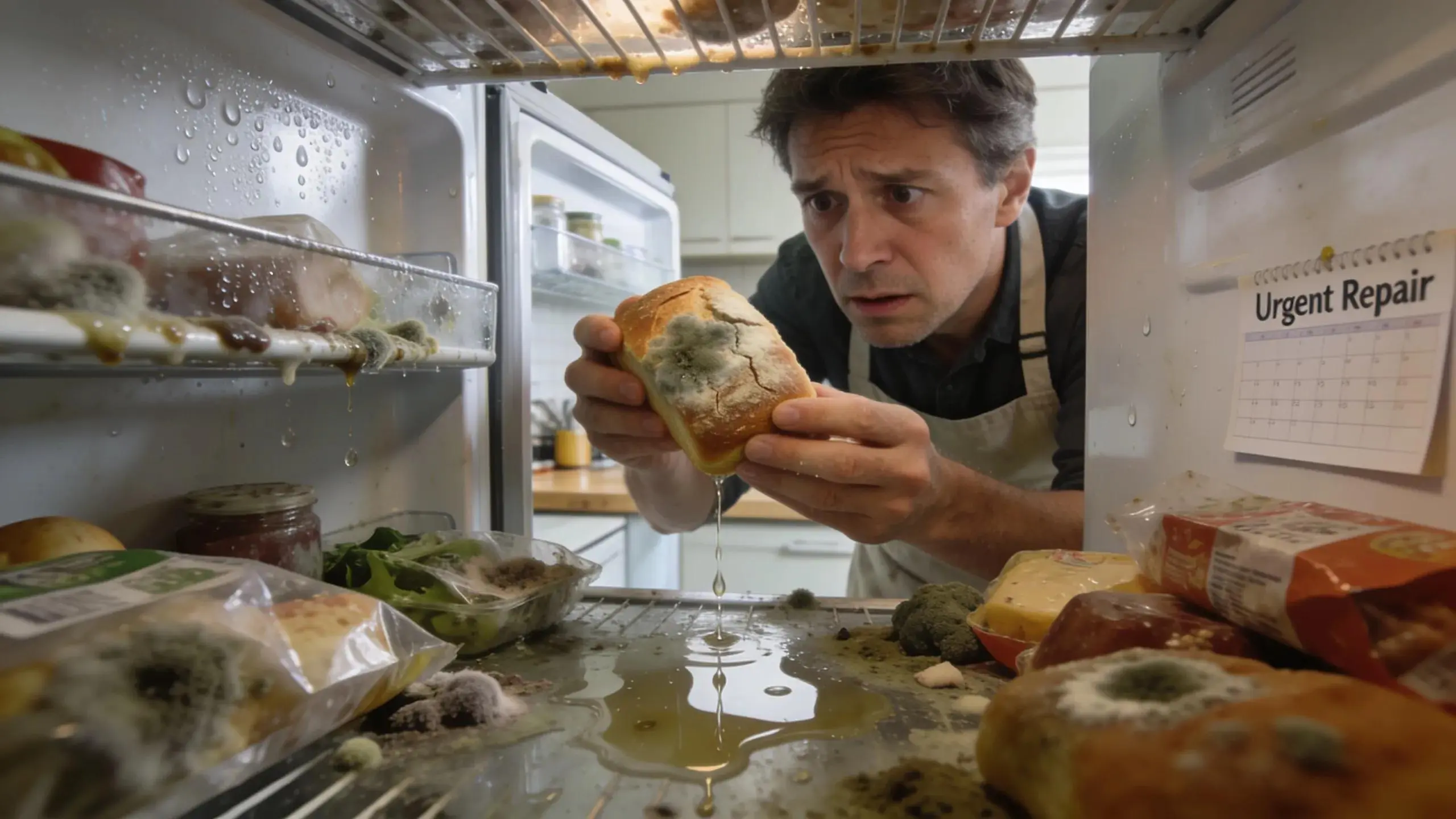 Refrigerator showing signs of malfunction, stressing the urgency of repair for food safety