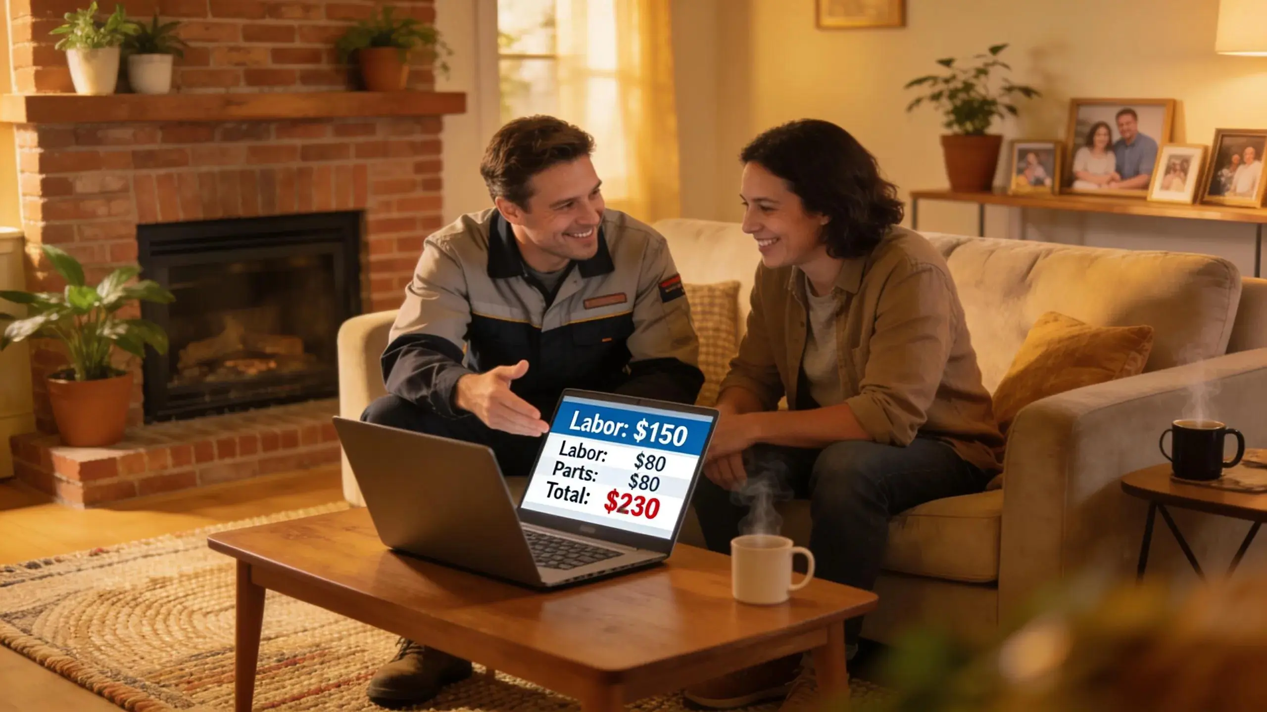 Technician discussing transparent pricing for emergency appliance repair with homeowner