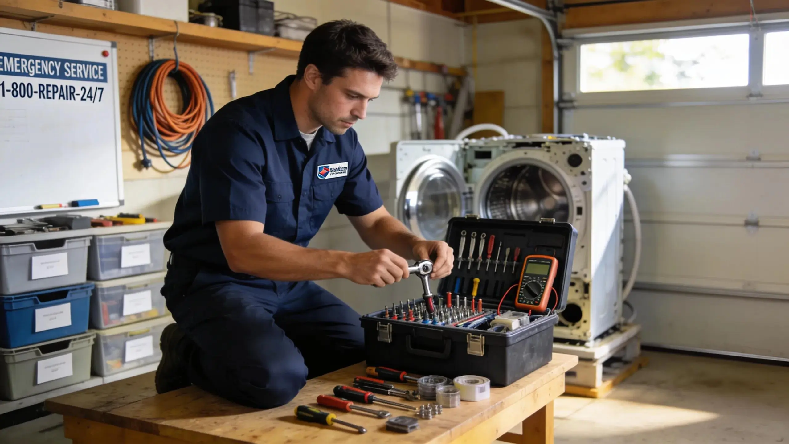 Technician preparing tools for emergency appliance repair, highlighting the service's professionalism and efficiency