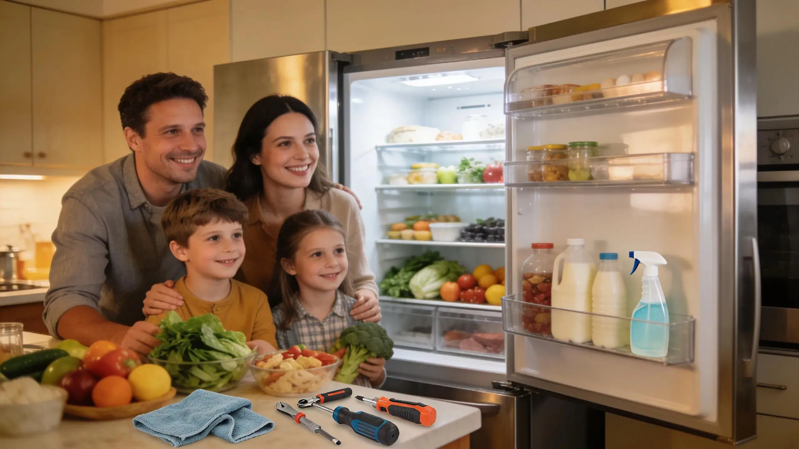 Family interacting around a refrigerator in a modern kitchen