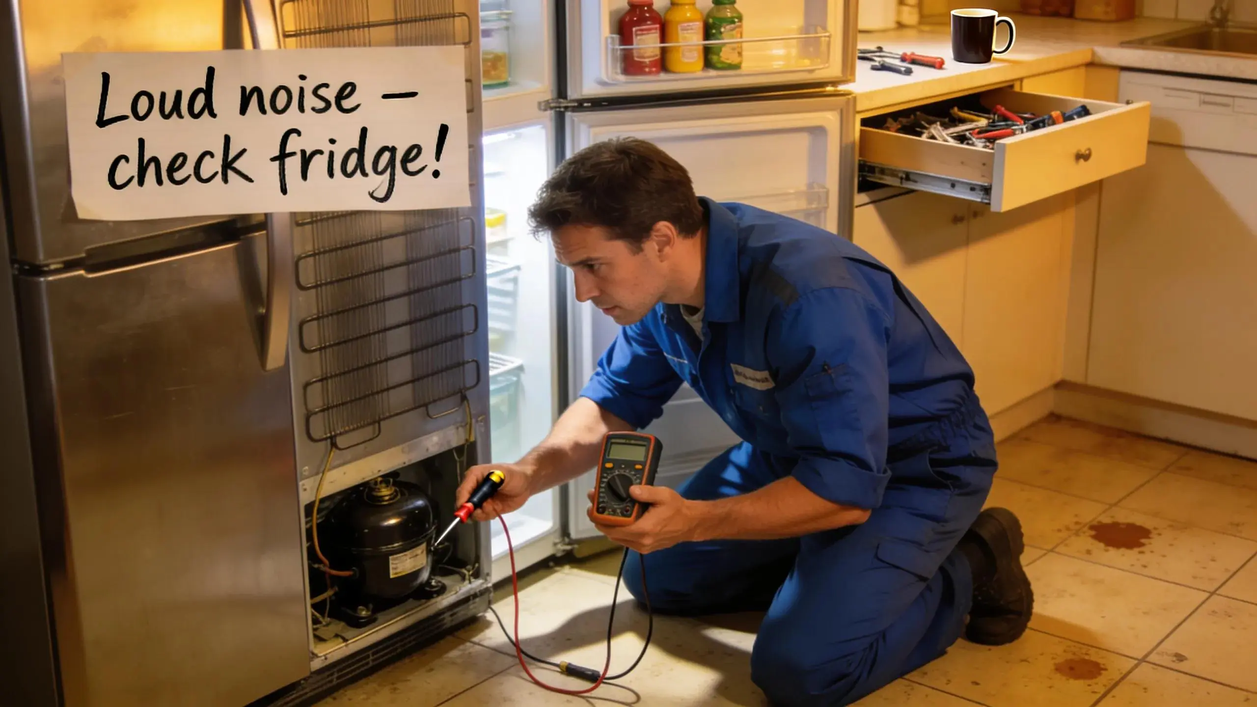 Technician inspecting a refrigerator for excessive noises