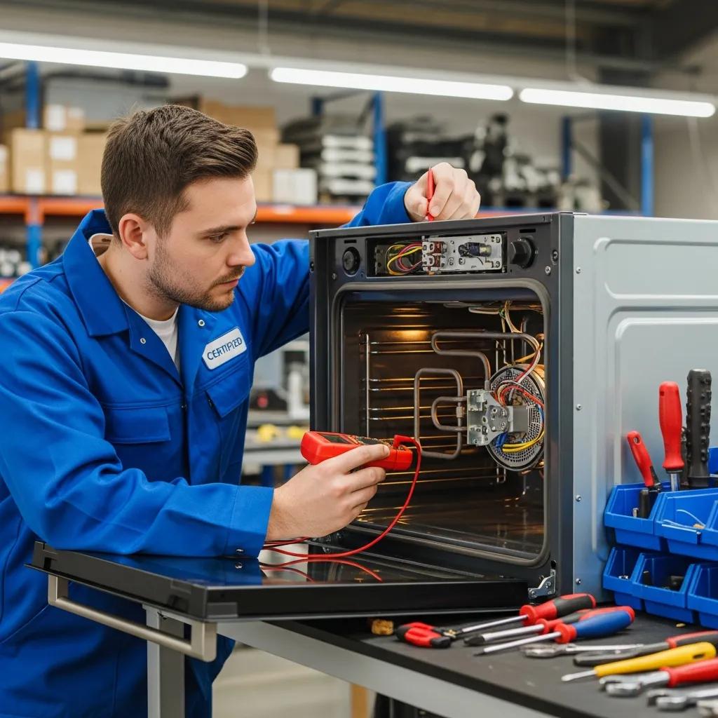 Certified technician inspecting an oven heating element, demonstrating repair expertise