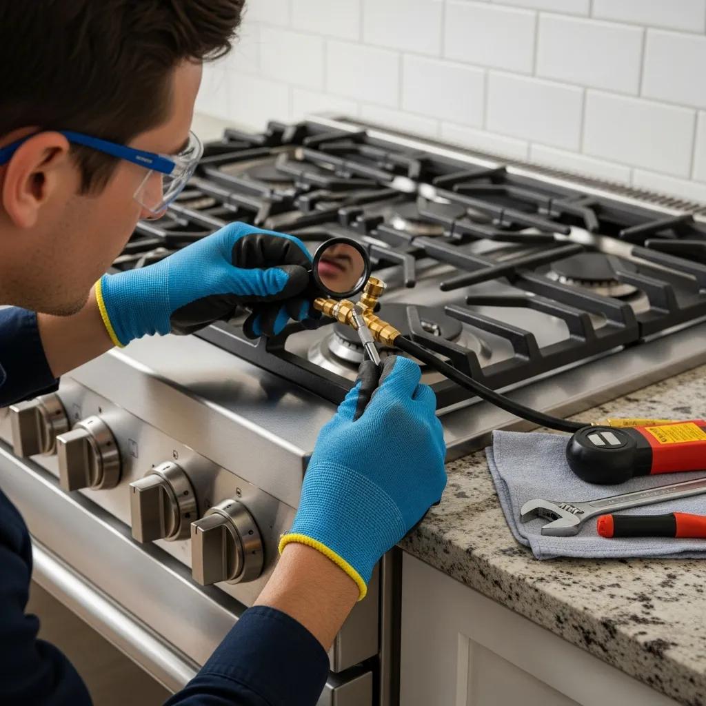 Certified technician inspecting gas stove installation for safety