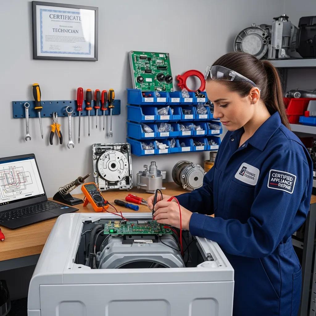 Certified technician repairing an appliance, emphasizing reliability and expertise