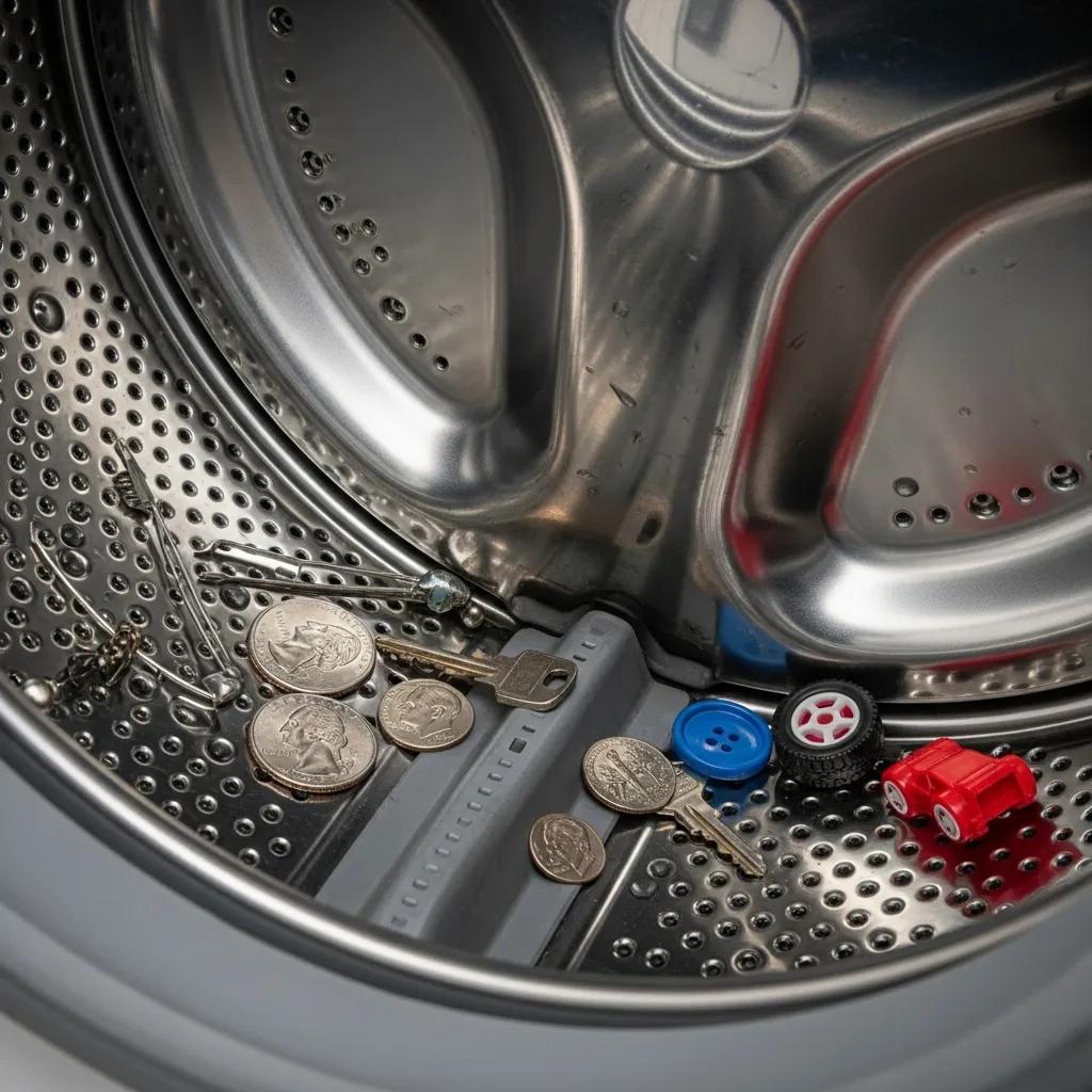 Close-up of a washing machine drum with foreign objects, highlighting common causes of appliance noise