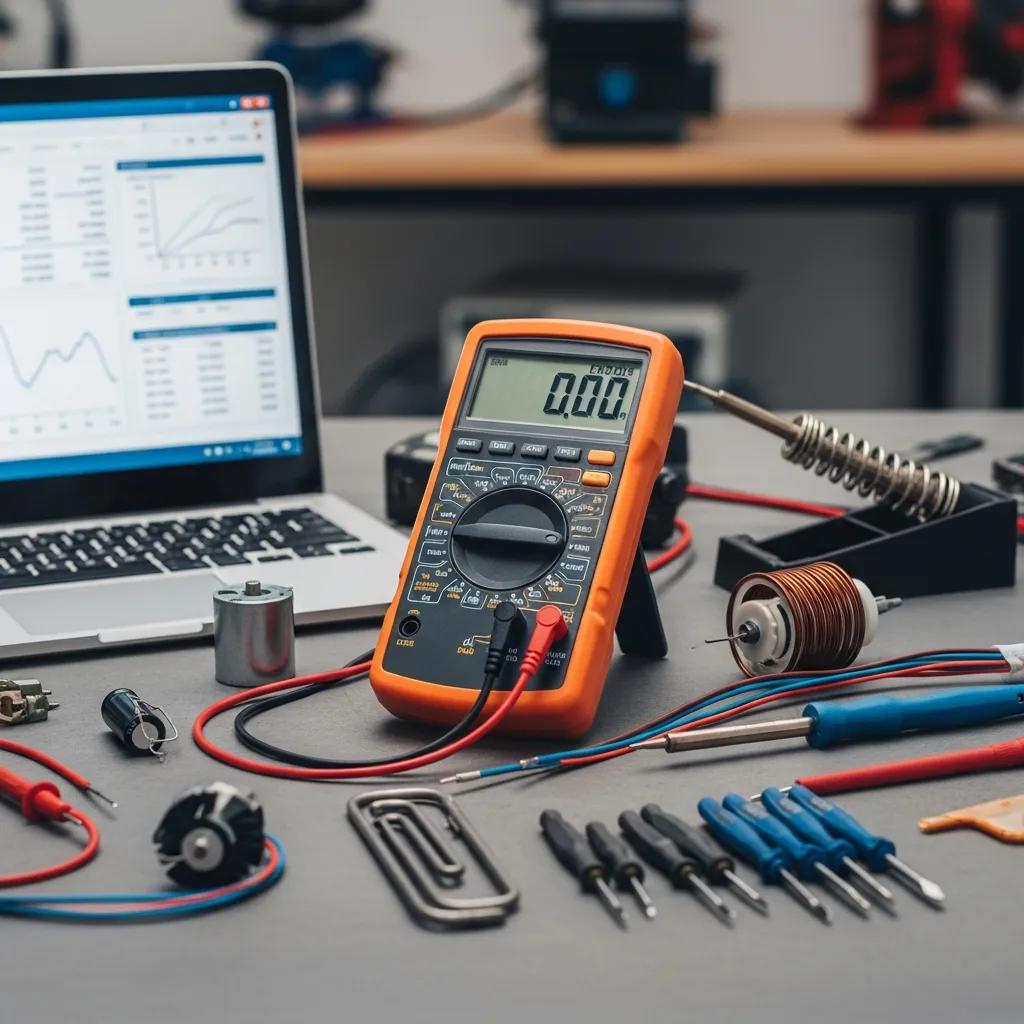 Close-up of diagnostic tools including multimeter and laptop in a workshop