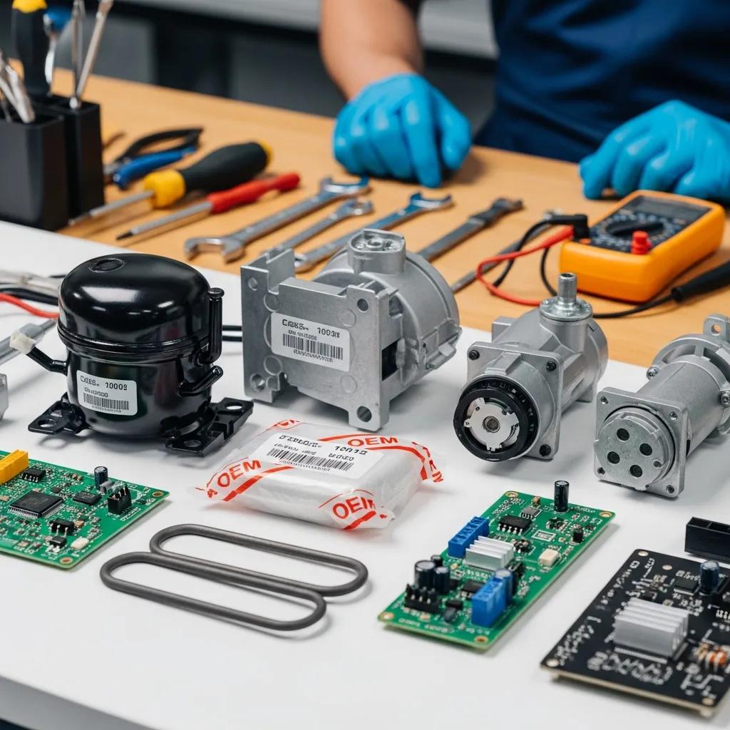 Close-up of OEM appliance parts on a workbench, emphasizing quality and precision in repairs