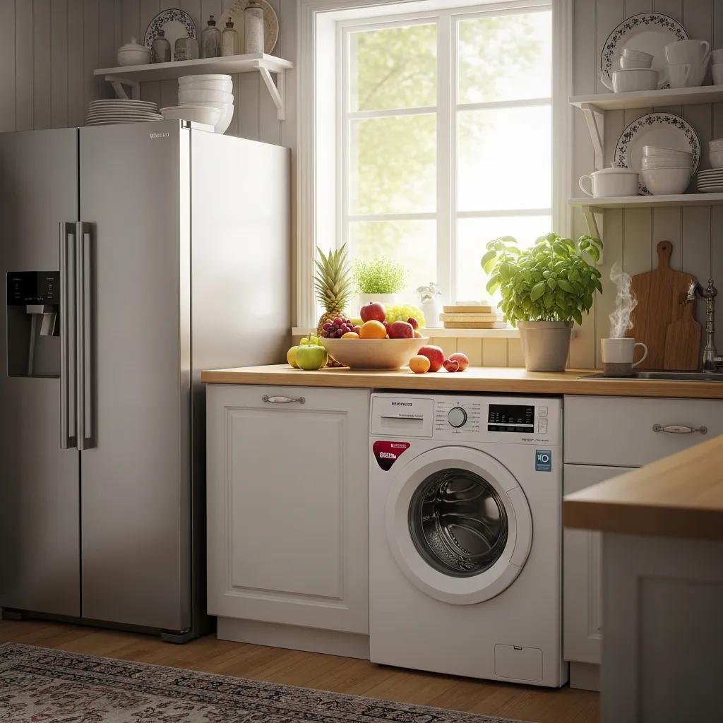 Cozy kitchen with energy-efficient appliances highlighting energy savings
