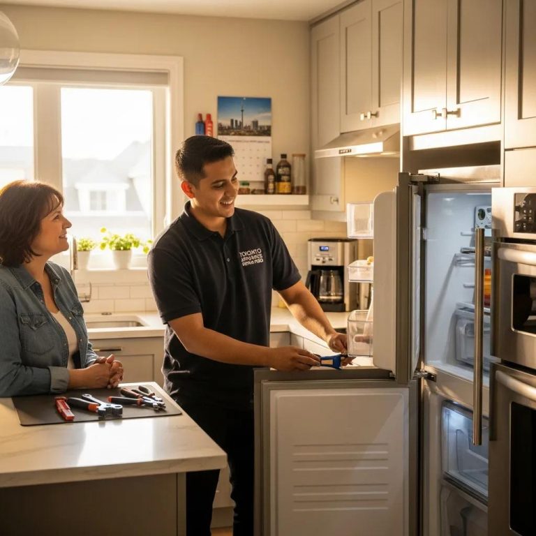 Family-owned appliance repair service team in Toronto working on a refrigerator, emphasizing trust and reliability
