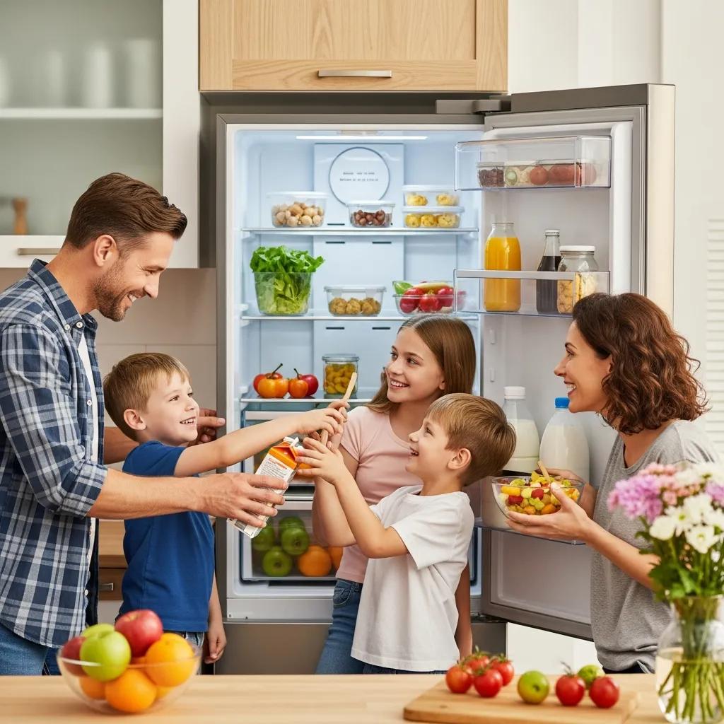 Happy family enjoying food in a well-functioning kitchen, highlighting customer satisfaction in fridge repair
