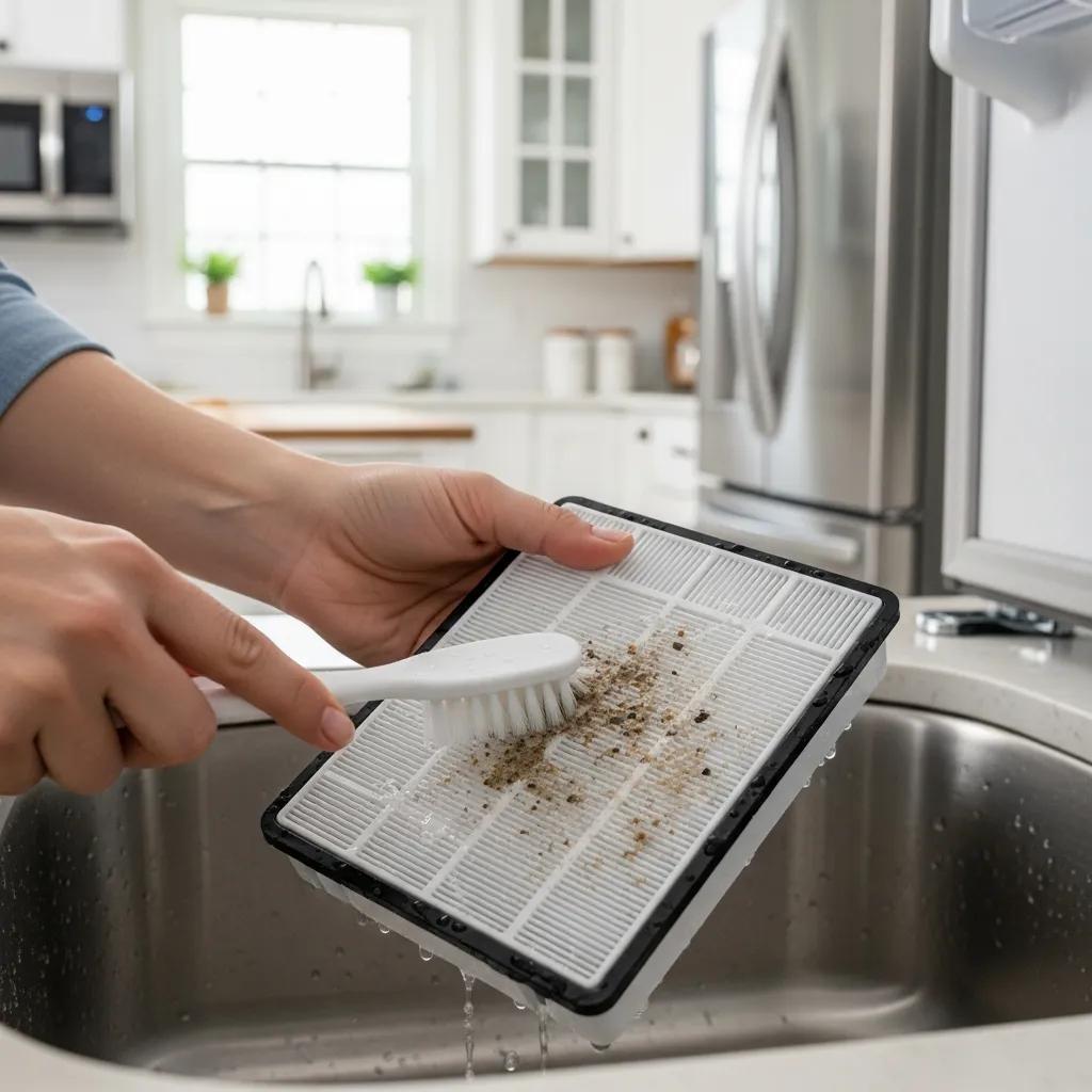 Homeowner cleaning refrigerator filter to maintain appliance efficiency