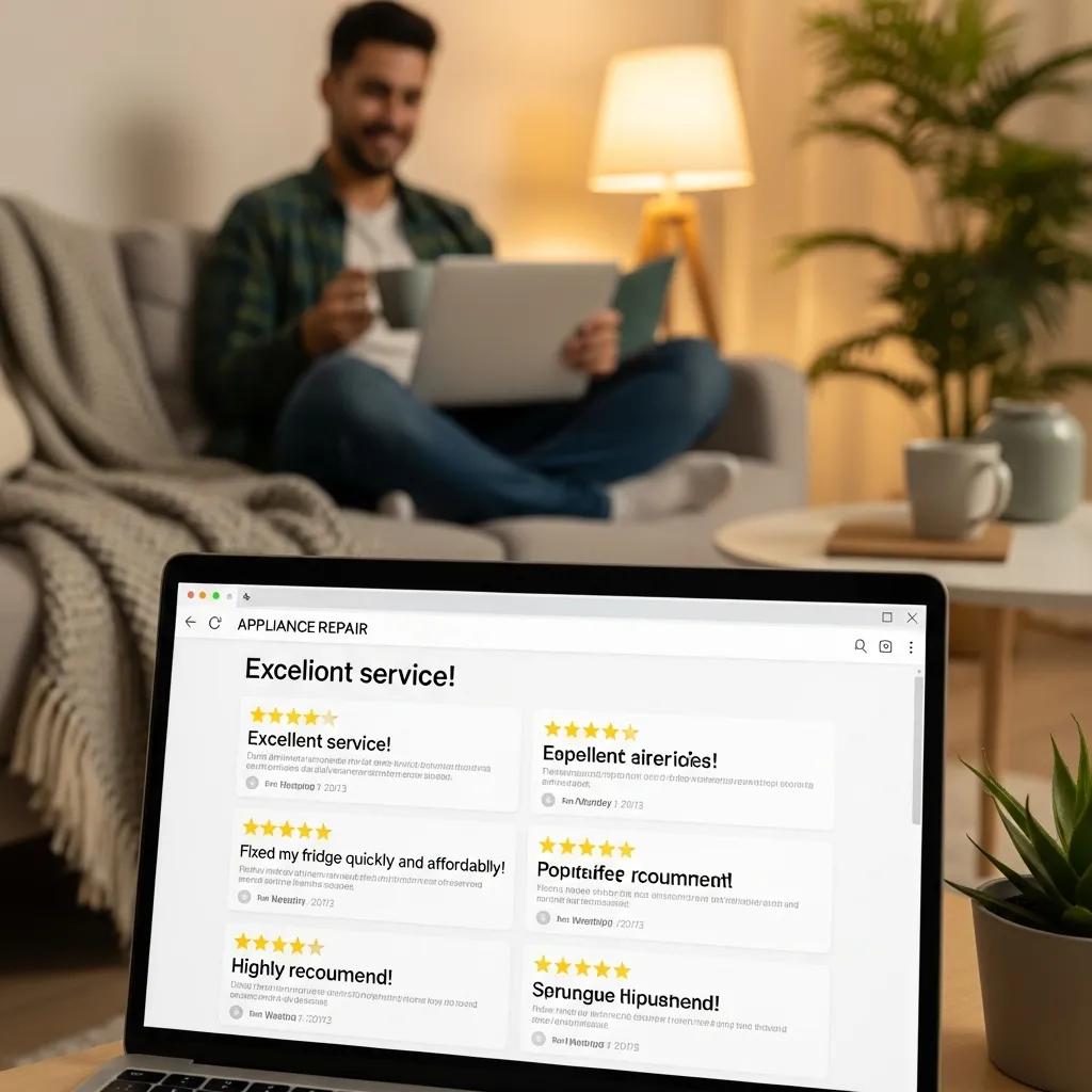 Laptop screen showing positive customer reviews for an appliance repair service in a cozy living room, emphasizing customer satisfaction