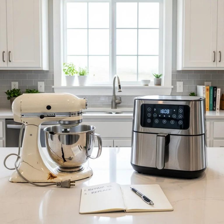 Modern kitchen showcasing a broken appliance next to a new energy-efficient model, highlighting repair vs replace decisions