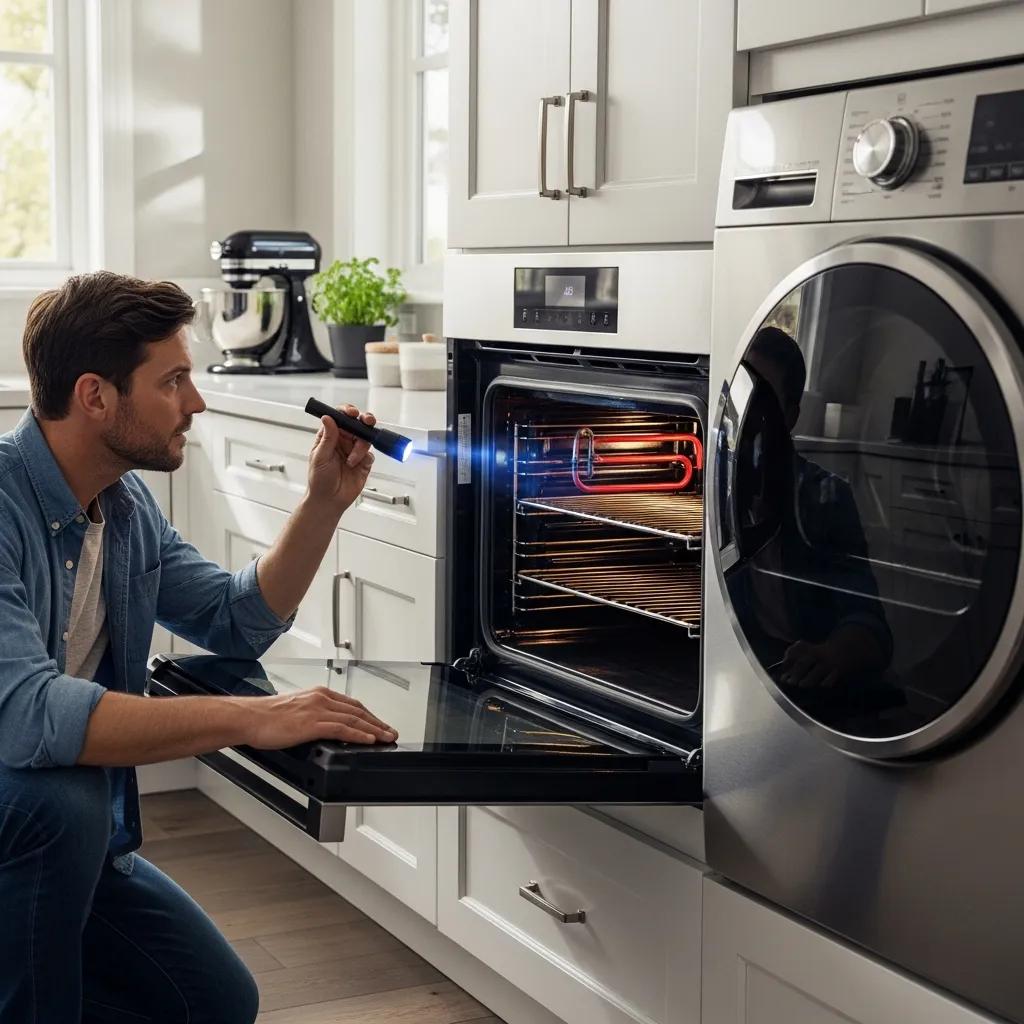 Modern kitchen with a person inspecting an oven, highlighting heating problem diagnosis