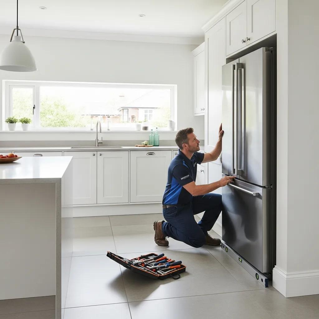 Professional technician installing a refrigerator in a modern kitchen