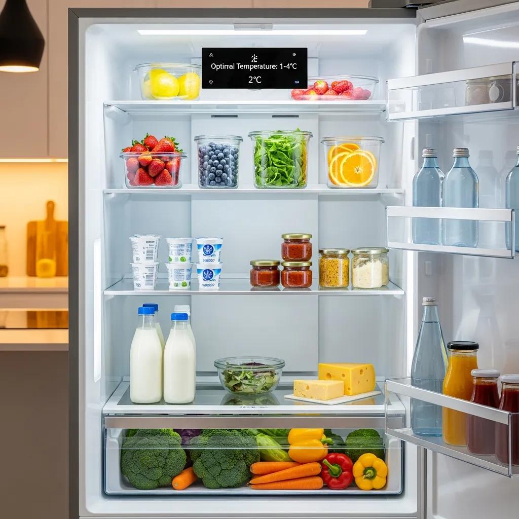 Refrigerator displaying optimal temperature settings for energy efficiency