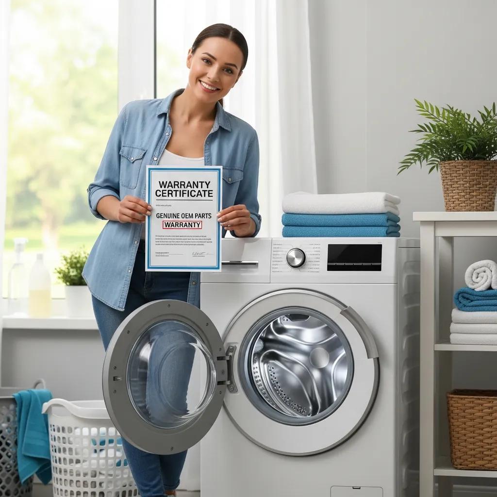 Satisfied homeowner with a functioning appliance and warranty certificate, highlighting the benefits of genuine OEM parts