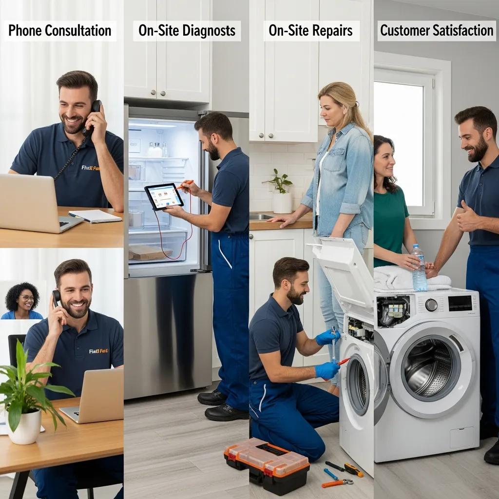 Technician consulting with a customer and diagnosing an appliance, illustrating the repair process