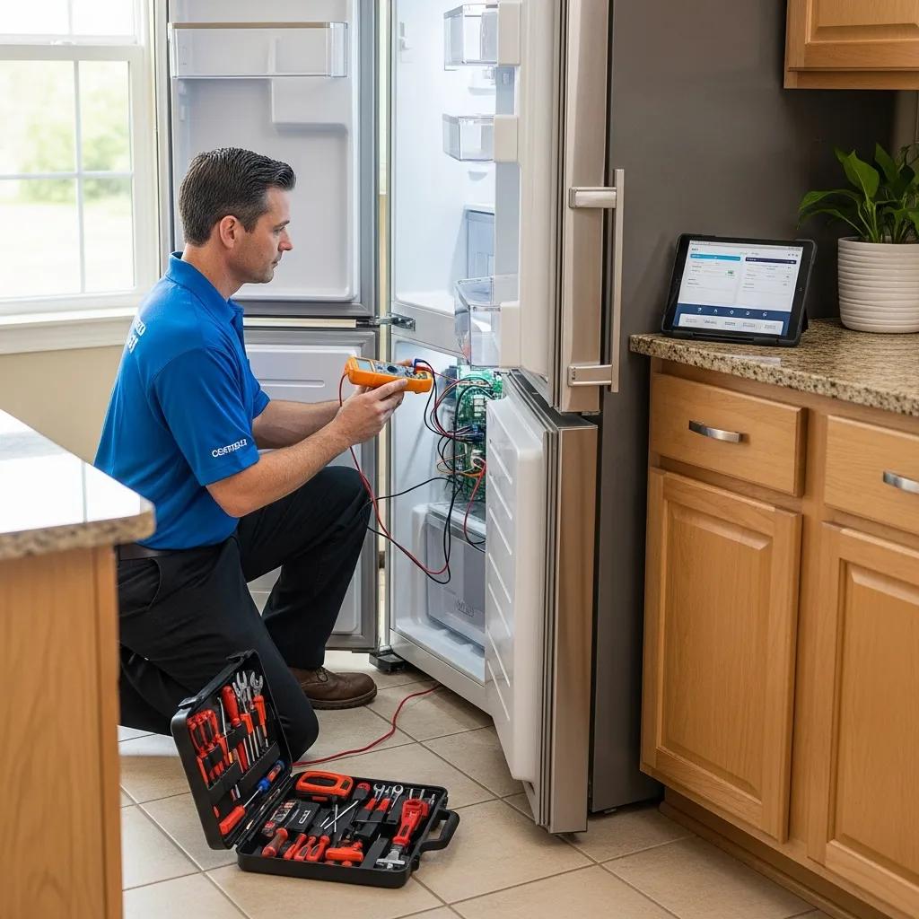 Technician diagnosing a refrigerator issue, illustrating the efficiency of same-day fridge repair services