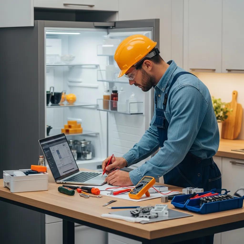 Technician diagnosing a refrigerator with tools in a modern kitchen