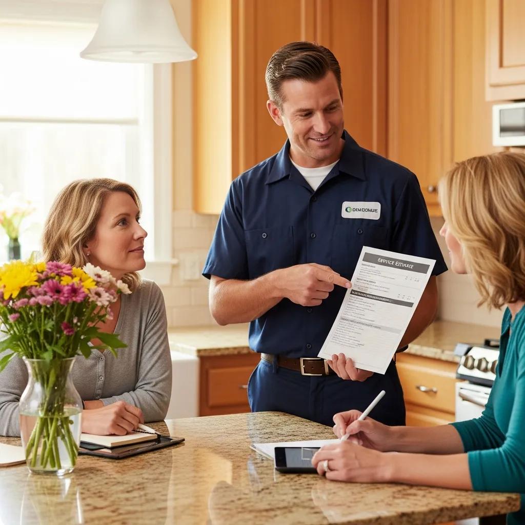 Technician explaining pricing and warranty details to a homeowner