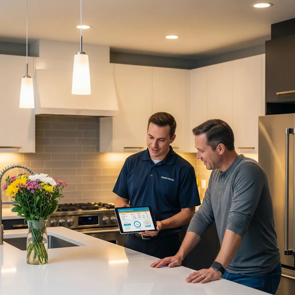Technician explaining pricing structures to a homeowner in a modern kitchen, highlighting transparency in appliance repair services