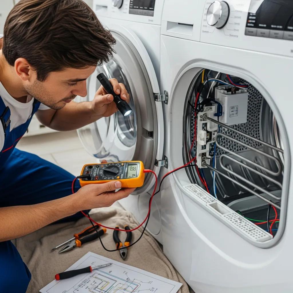 Technician inspecting a dryer heating element, focusing on repair and maintenance
