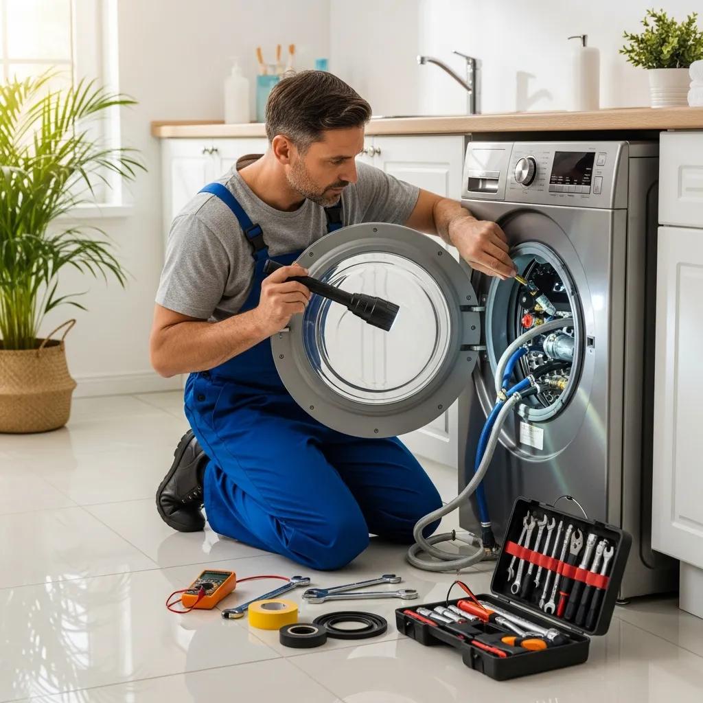 Technician performing professional inspection on washing machine for optimal performance