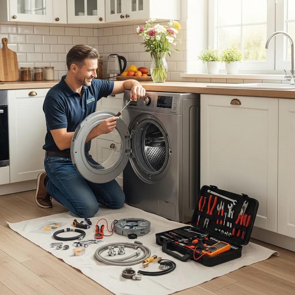 Technician repairing a household appliance in a bright kitchen, emphasizing trust and quality service